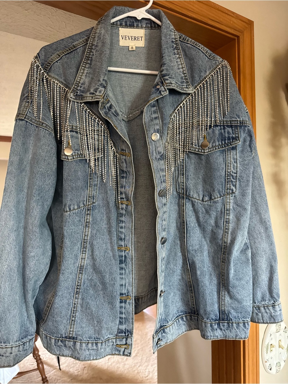VEVERET Light Blue Denim Jacket with Crystal Fringe